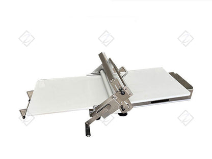 Foldable manual dough sheeter with front roller assembly and wide white feed table