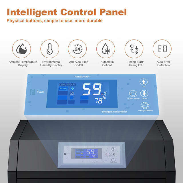 Commercial dehumidifier control panel with blue display and indicator buttons