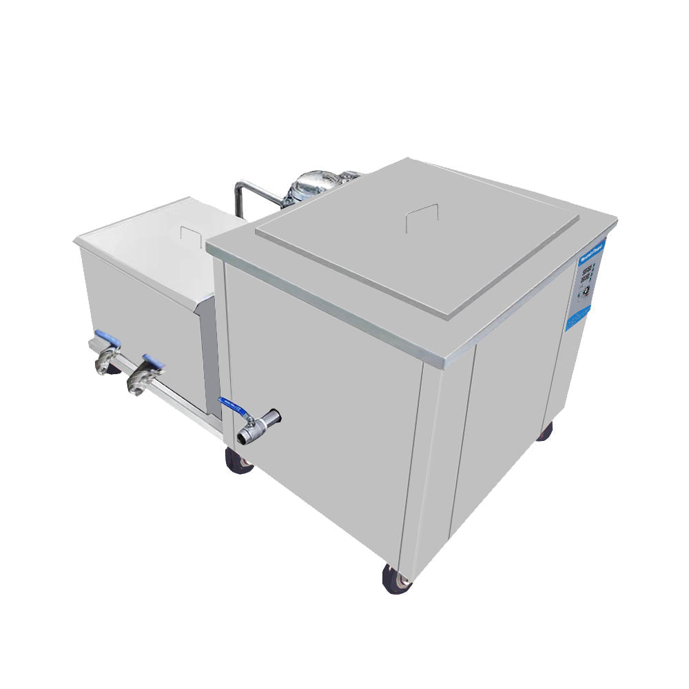 Industrial ultrasonic cleaner machine with open stainless tank and side-mounted fittings