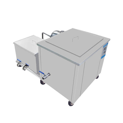Industrial ultrasonic cleaner machine with open stainless tank and side-mounted fittings