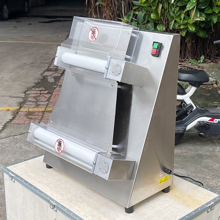 Automatic pizza dough sheeter machine shown from a side angle on a platform