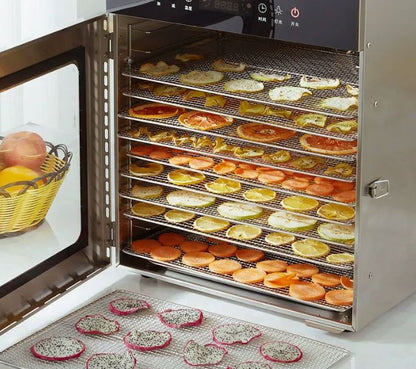 Stainless steel food dehydrator with open door and stacked drying racks inside
