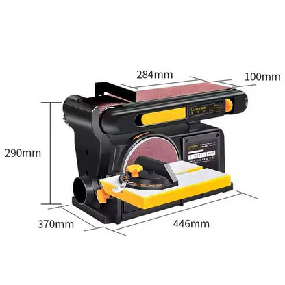 Bench belt and disc sander with labeled size dimensions diagram