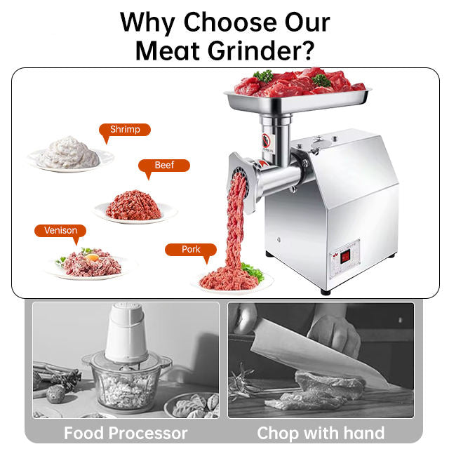 Electric meat grinder with stainless body and front grinding head, labeled ingredient types