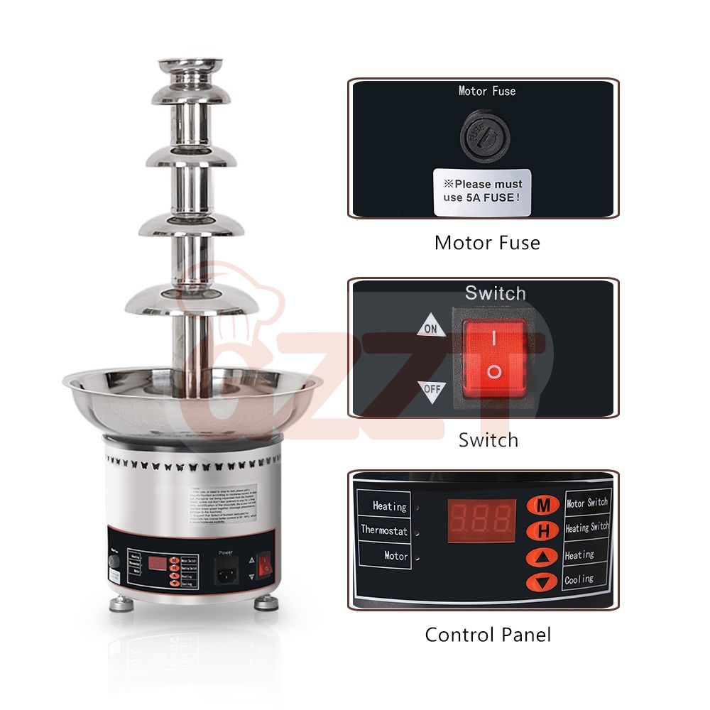 Chocolate fountain machine control panel with motor fuse and on/off switch