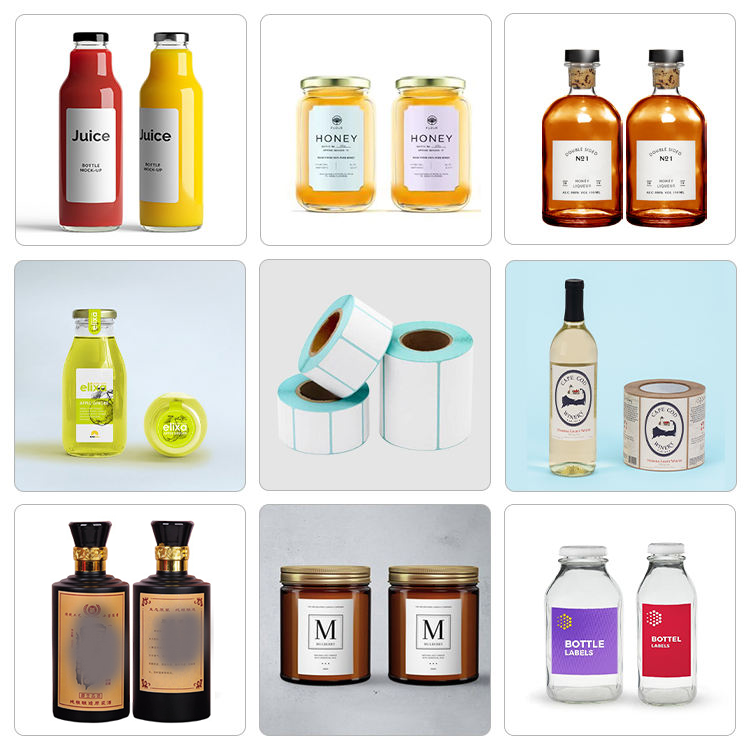 Bottle and jar label samples with roll stickers and printed bottle labels
