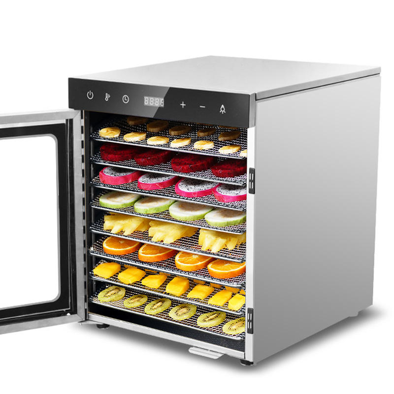 Stainless steel food dehydrator with control panel and open door full of fruit slices