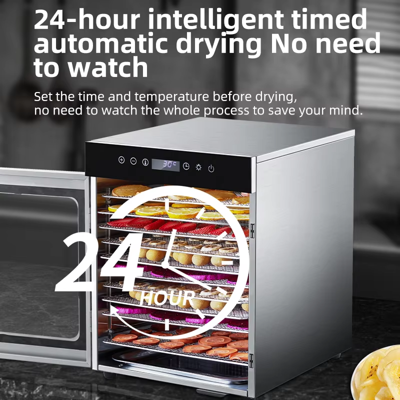 Stainless steel fruit dehydrator with front door window and multi-tray drying interior