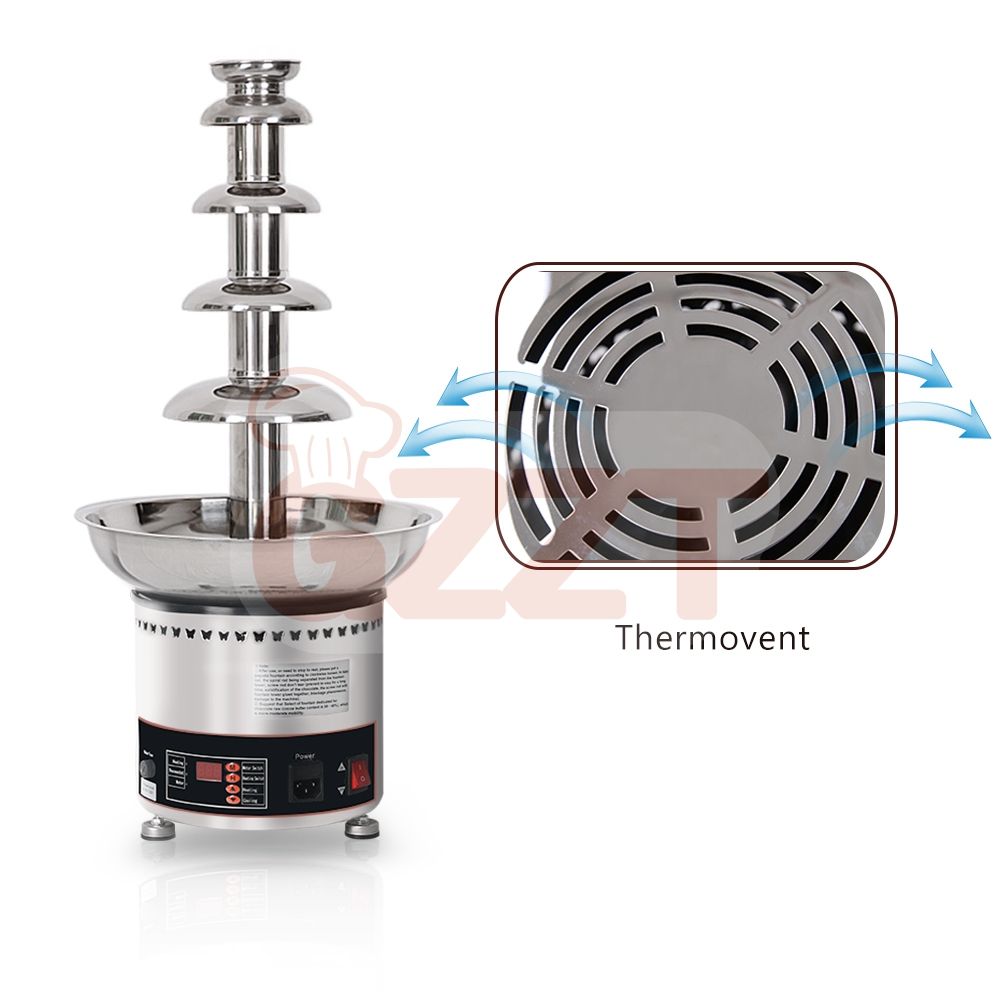 Chocolate fountain machine with thermovent fan outlet and 6-tier basin unit