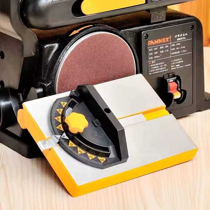 Disc sanding plate with angle gauge on a bench belt sander