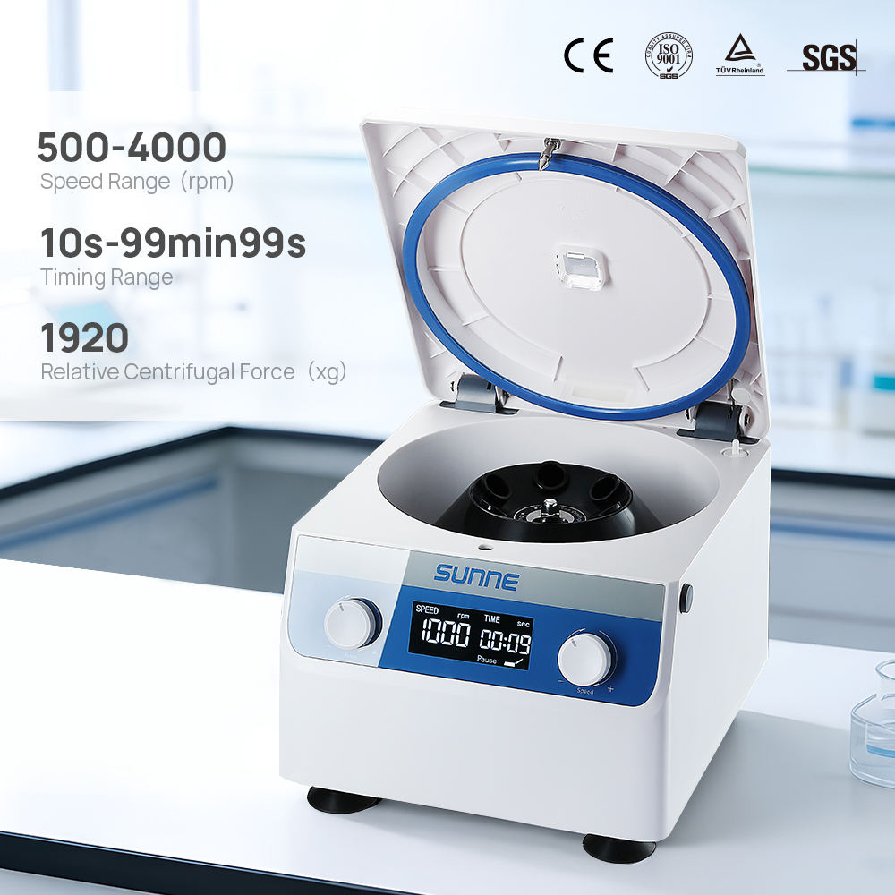 Benchtop laboratory centrifuge with open lid, white housing and blue-ring rotor