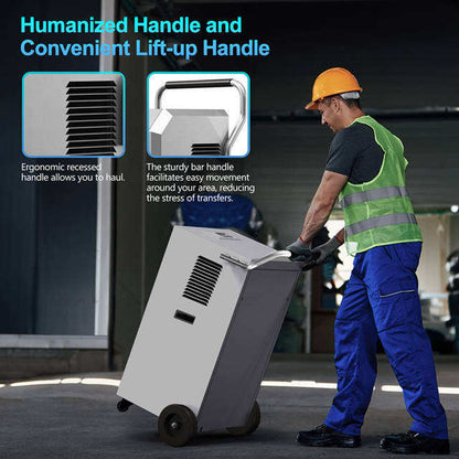 Industrial dehumidifier with recessed vents and carry handle for easy lifting