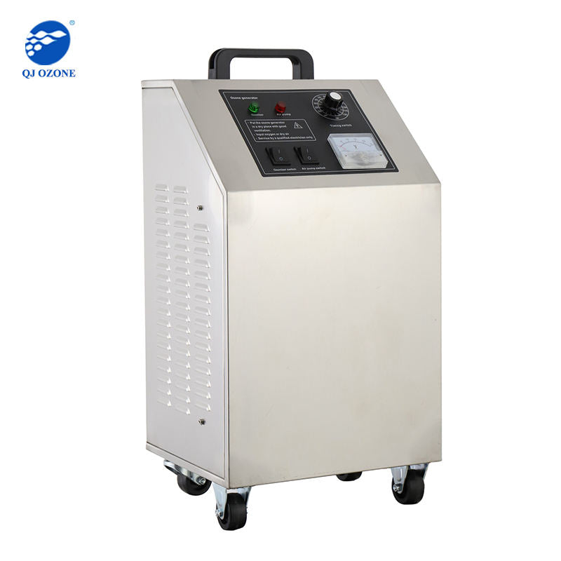 Stainless steel ozone generator machine with side vents and front control panel.
