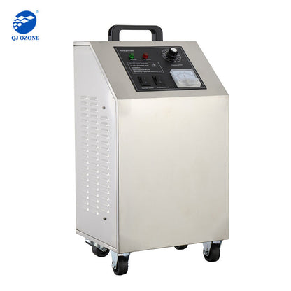 Stainless steel ozone generator machine with side vents and front control panel.