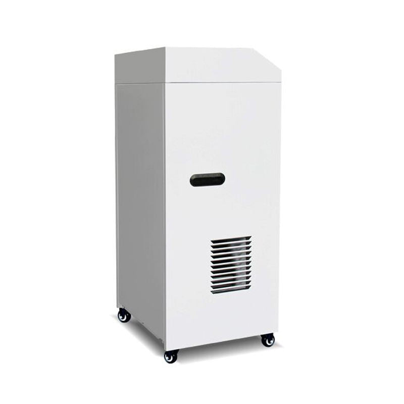 Commercial dehumidifier back panel with vent slots and caster wheels
