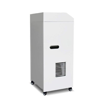 Commercial dehumidifier back panel with vent slots and caster wheels