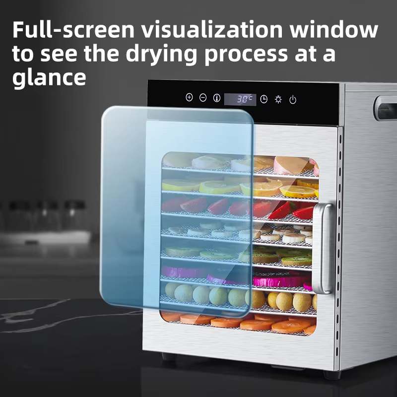 Stainless steel fruit dehydrator with clear viewing window showing colorful drying trays