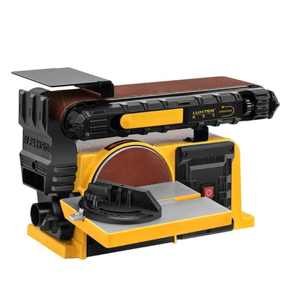 Bench belt and disc sander with red sanding belt and yellow base