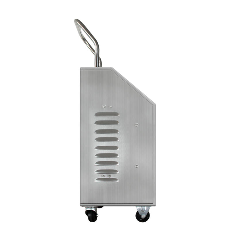 Stainless steel ozone generator machine with side ventilation fins and lifting handle.