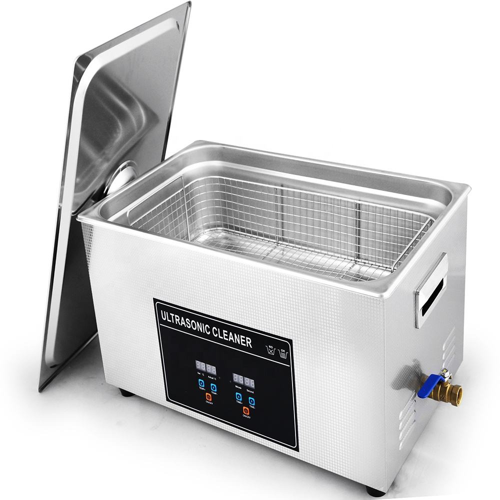 Ultrasonic cleaning machine with open lid and stainless tank with wire basket