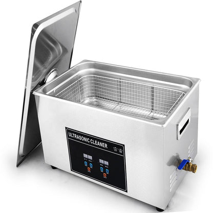 Ultrasonic cleaning machine with open lid and stainless tank with wire basket