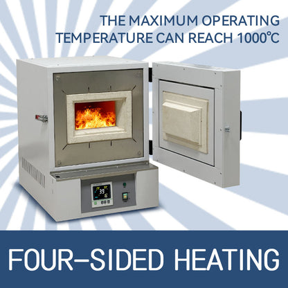 Industrial laboratory furnace showing open door and glowing heating chamber, with front display