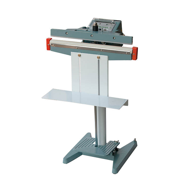 Vertical pedal band sealer side view with display panel and stand base