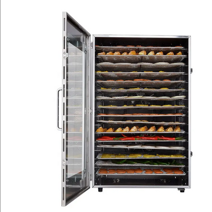 Open stainless steel food dehydrator showing multiple drying shelves with food