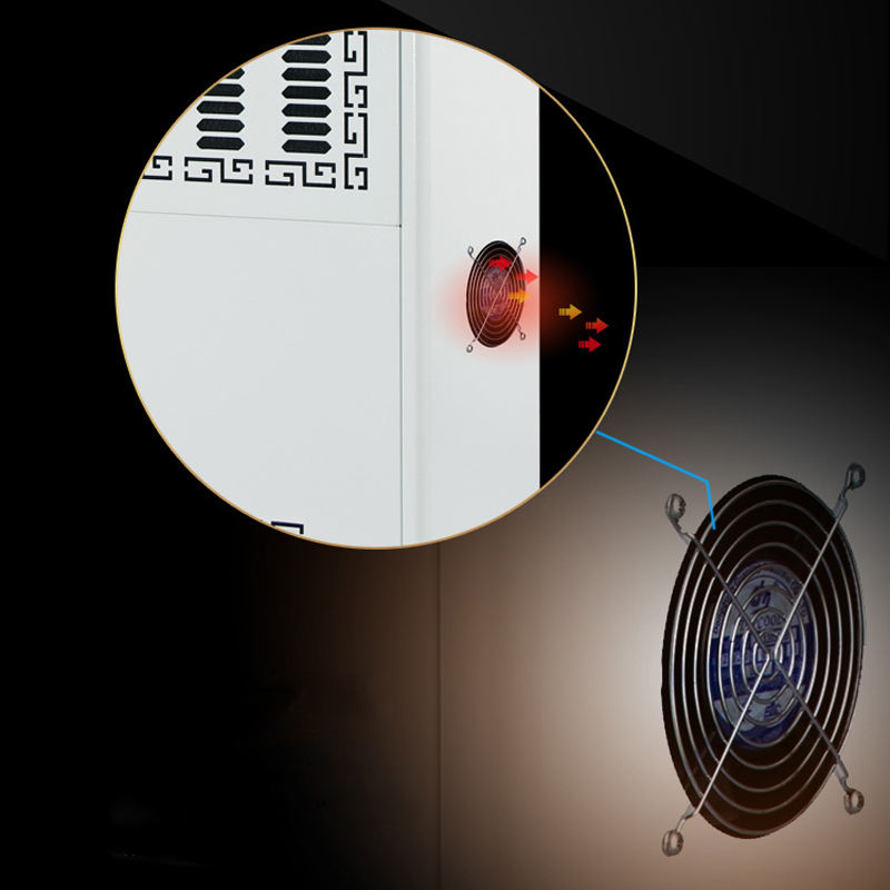 Commercial dehumidifier vent close-up with airflow fan graphic