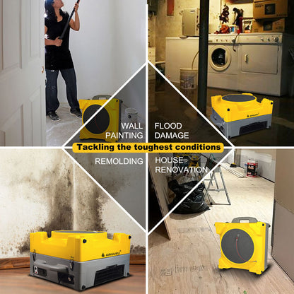 Yellow air scrubber purifier on floor with circular intake window and gray base