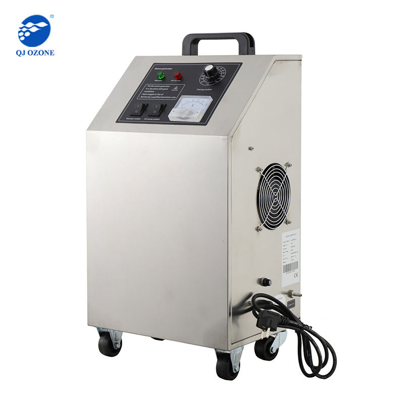 Stainless steel ozone generator machine with control panel and handle, on wheels.