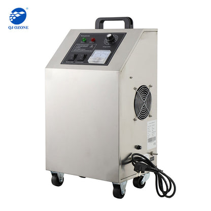 Stainless steel ozone generator machine with control panel and handle, on wheels.
