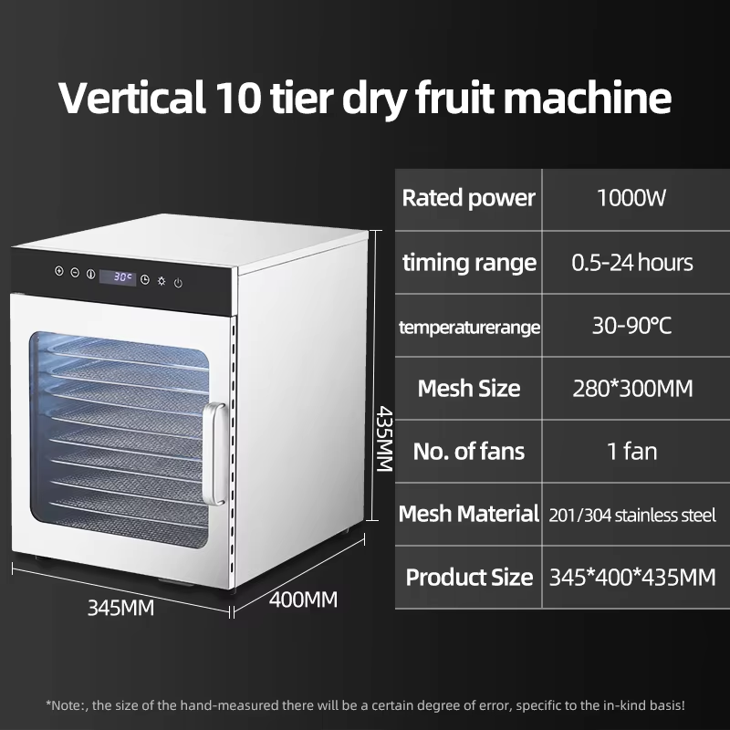 Stainless steel 10-tier fruit dehydrator with mesh side window and front control panel