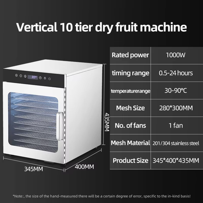 Stainless steel 10-tier fruit dehydrator with mesh side window and front control panel