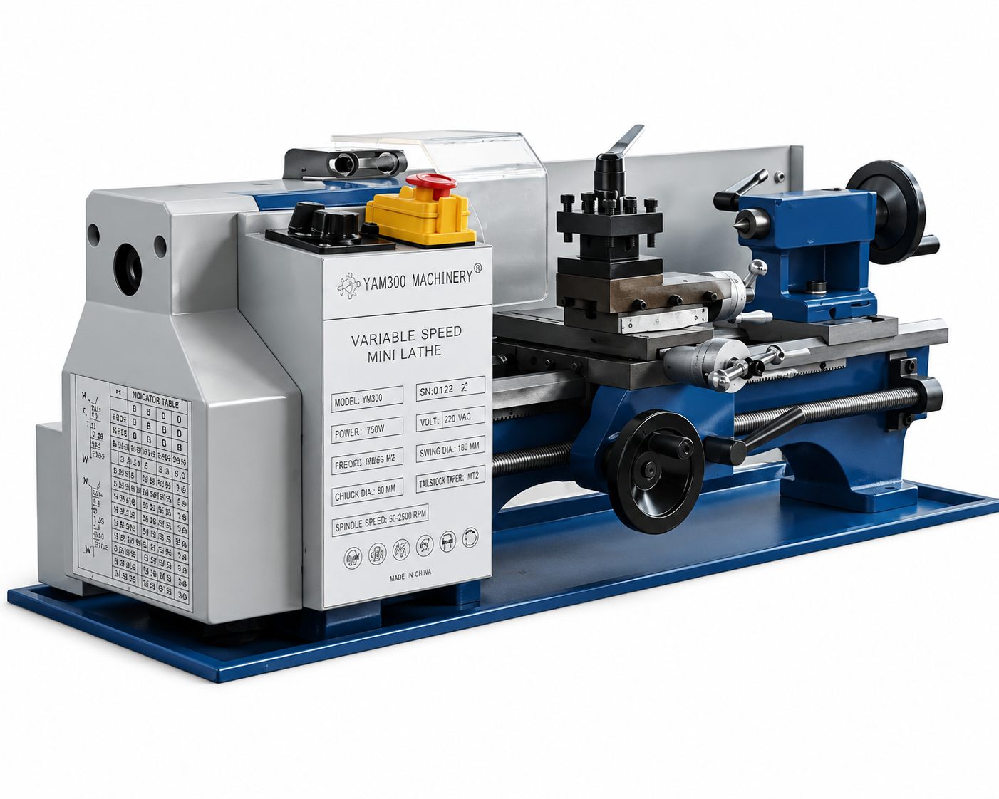 A Mini Lathe machine with a silver and blue metal body, black and silver cutting components, and a yellow emergency stop button, shown on a white background.