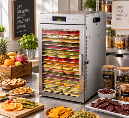 A stainless steel food dehydrator with multiple trays loaded with sliced fruits and vegetables, set on a kitchen counter surrounded by prepared foods, jars, and kitchen decor.