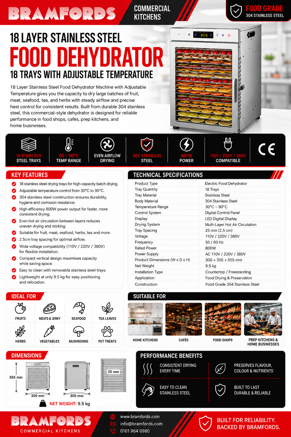 A promotional product sheet for a Bramford Commercial Food Dehydrator. The sheet includes a large photo of the stainless steel dehydrator on the right, a detailed product description, technical specifications, key features, suitable uses, dimensions, and performance benefits on the left, all on a white background with red and black branding.