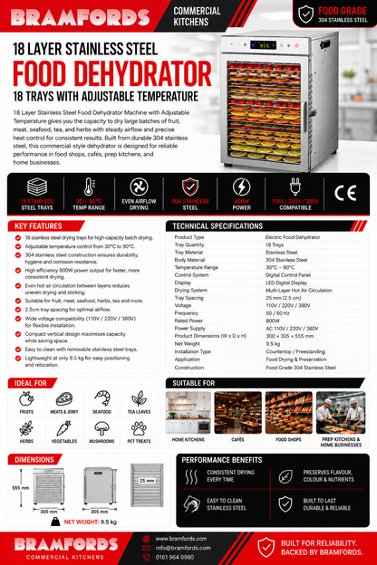 A promotional product sheet for a Bramford Commercial Food Dehydrator. The sheet includes a large photo of the stainless steel dehydrator on the right, a detailed product description, technical specifications, key features, suitable uses, dimensions, and performance benefits on the left, all on a white background with red and black branding.