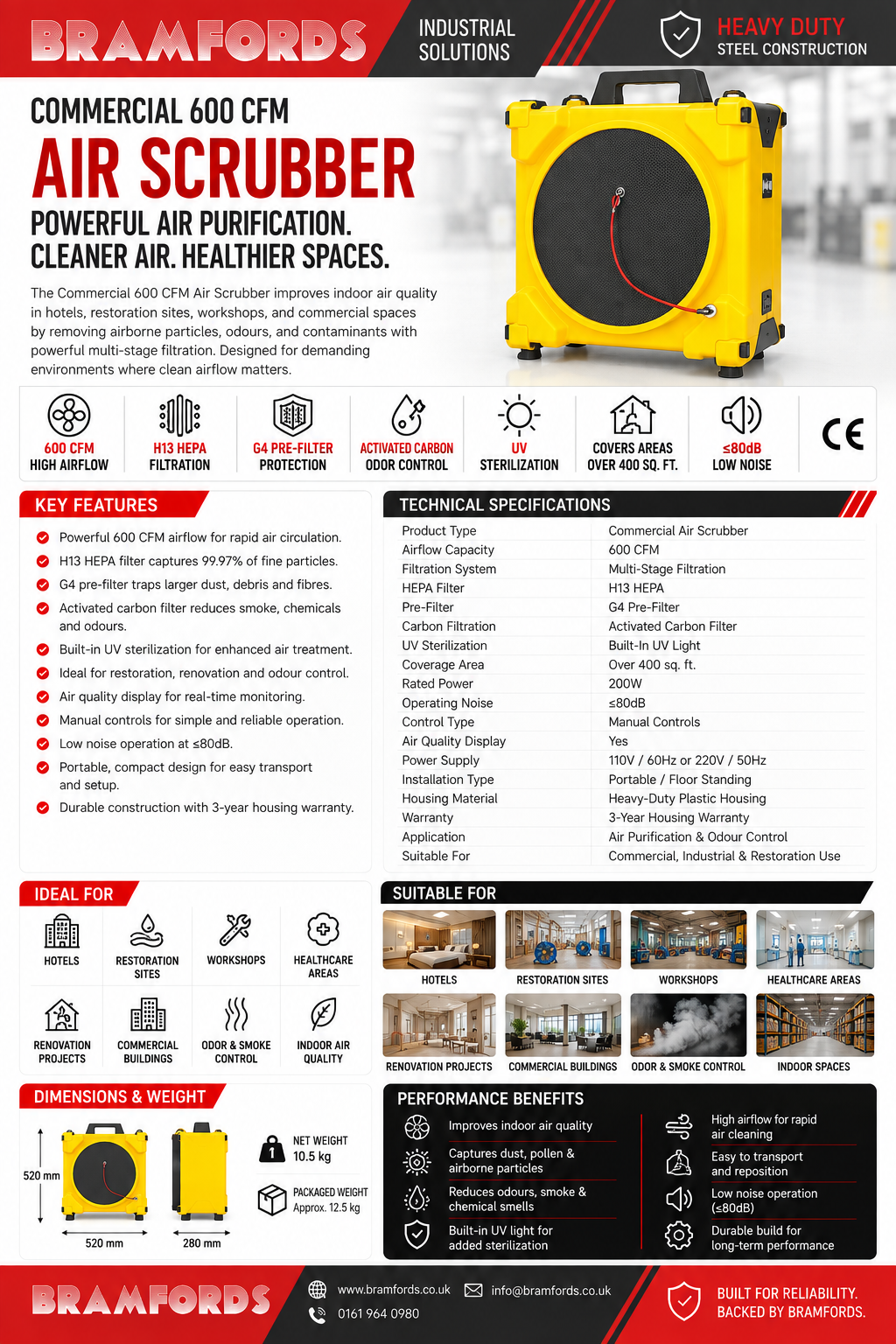 An infographic poster for the Bramfords Commercial 600 CFM Air Scrubber, featuring a product diagram, technical specifications, key features, suitable uses, and performance benefits on a white background with red and black branding.