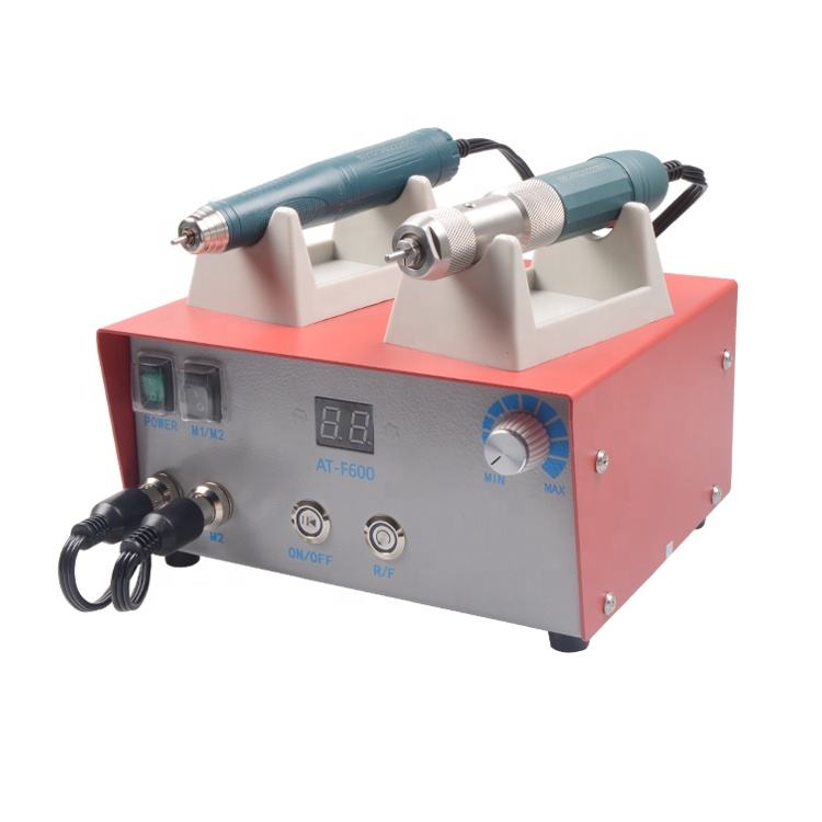 Jewelry micro motor polisher with teal handpieces and twin collet holders on control unit