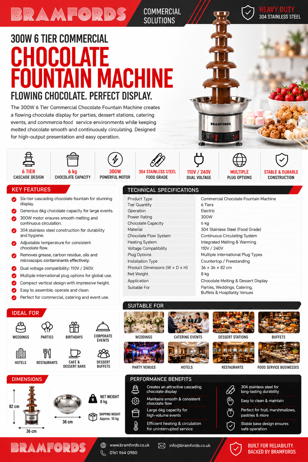 A promotional infographic for the Bramfords 300W 6 Tier Commercial Chocolate Fountain Machine. The image features a large product photo at the top showing the chocolate fountain with milk and chocolate, alongside the Bramfords logo and 'Commercial Solutions' banner.