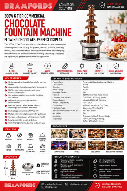 A promotional infographic for the Bramfords 300W 6 Tier Commercial Chocolate Fountain Machine. The image features a large product photo at the top showing the chocolate fountain with milk and chocolate, alongside the Bramfords logo and 'Commercial Solutions' banner.