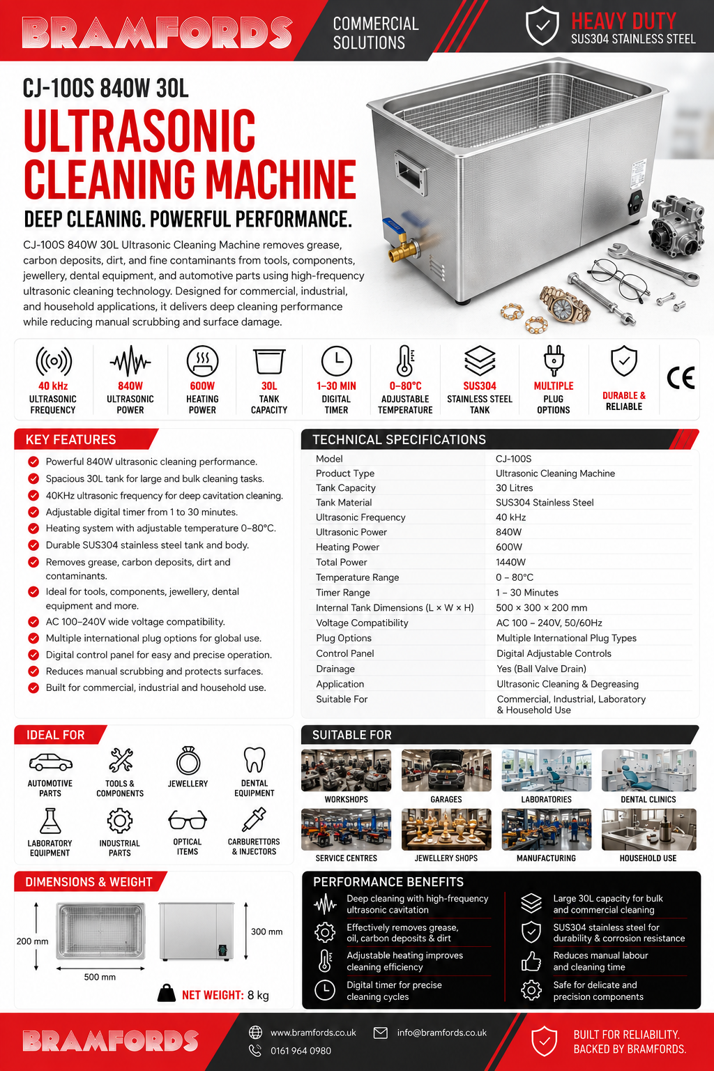 CJ-100S 30L 840W 40kHz AC100-240V Ultrasonic Cleaning Machine, 0-80C Heated SUS304 Stainless Steel Tank