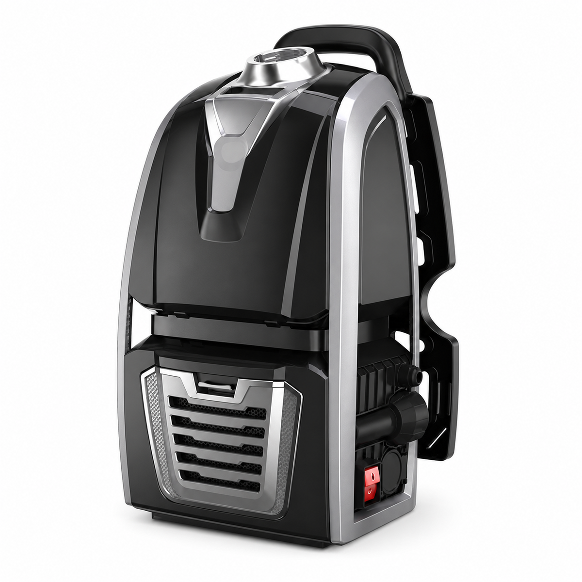 Backpack vacuum cleaner front with air intake grille and carry handle, black and silver