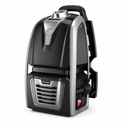 Backpack vacuum cleaner front with air intake grille and carry handle, black and silver