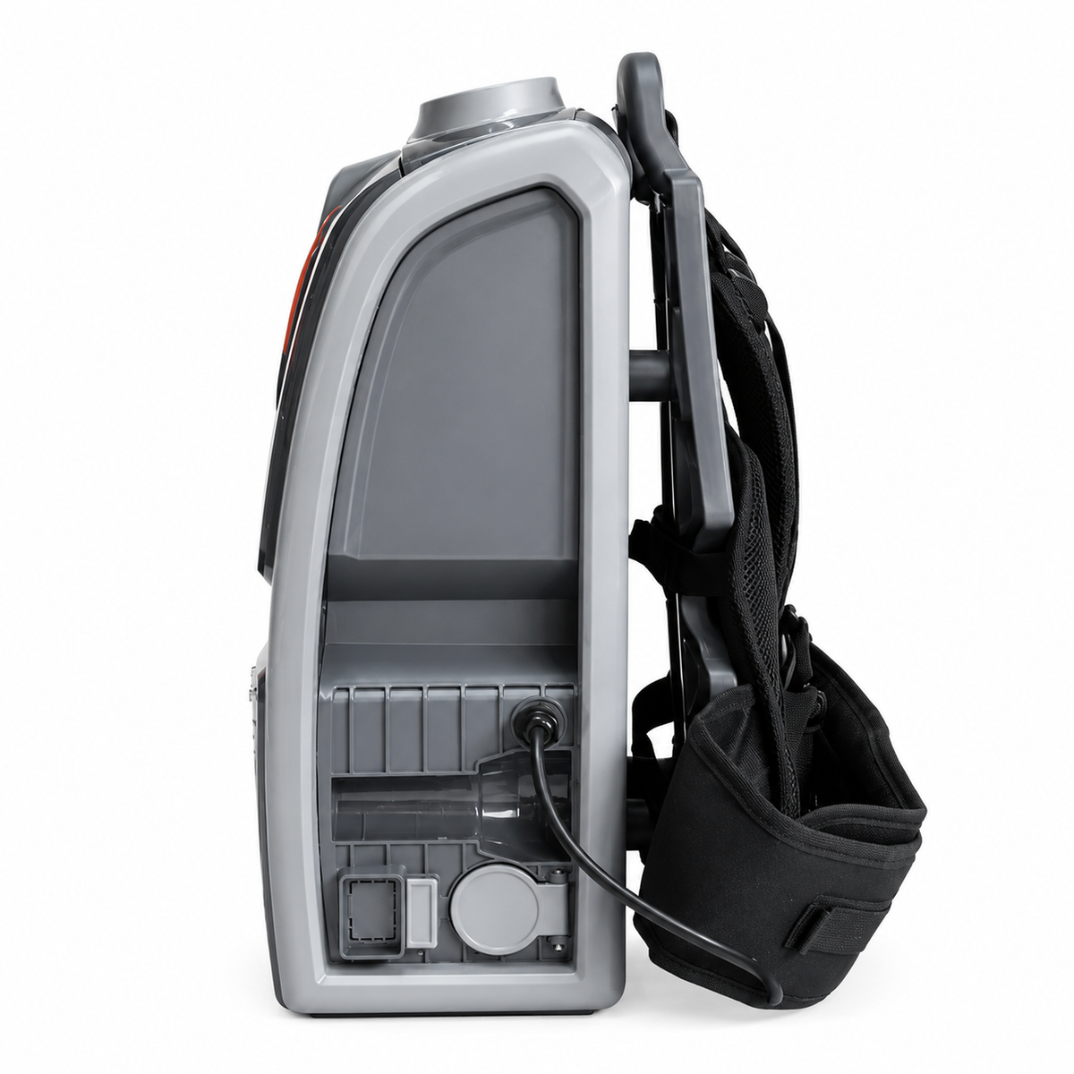 Backpack vacuum cleaner with open filter compartment and shoulder strap, black