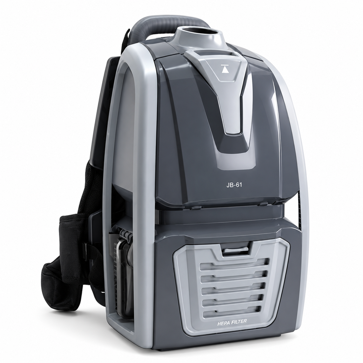Backpack vacuum cleaner with HEPA filter front panel and shoulder harness, black and silver