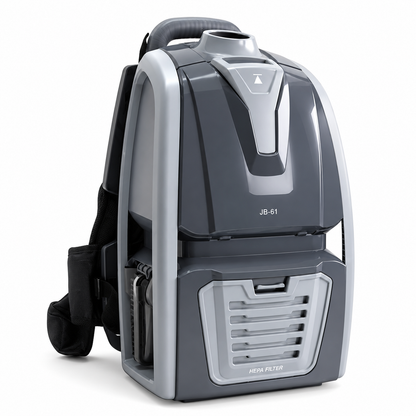 Backpack vacuum cleaner with HEPA filter front panel and shoulder harness, black and silver