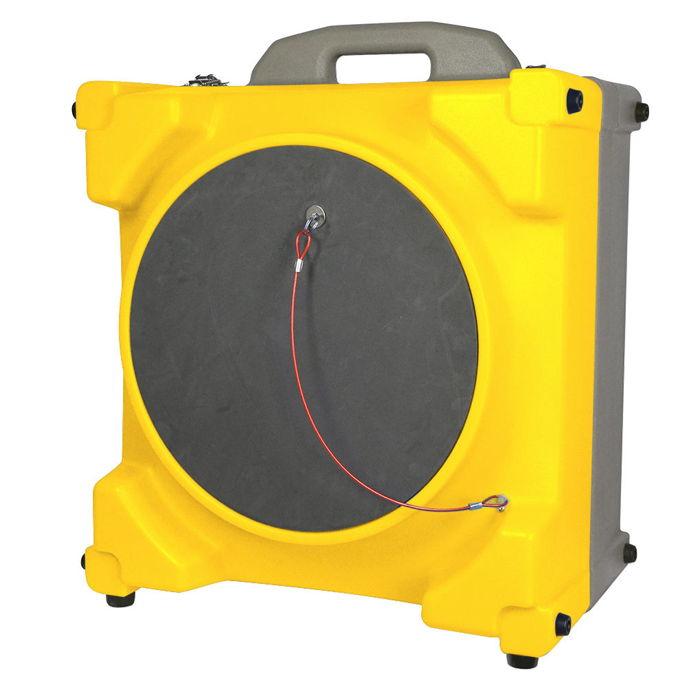 Yellow commercial air scrubber purifier with round dark filter window and carry handle
