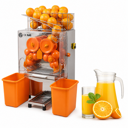 Automatic orange juicer machine with stainless filter and orange juice collection bins